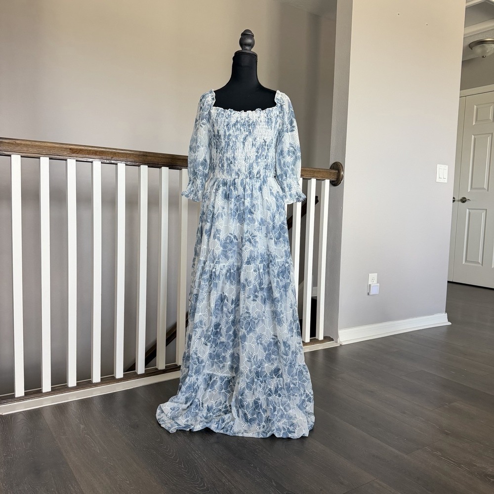 Baltic Born NWT Bailey Eylelet Smocked Maxi Dress Large Blue Whimsical Feminine